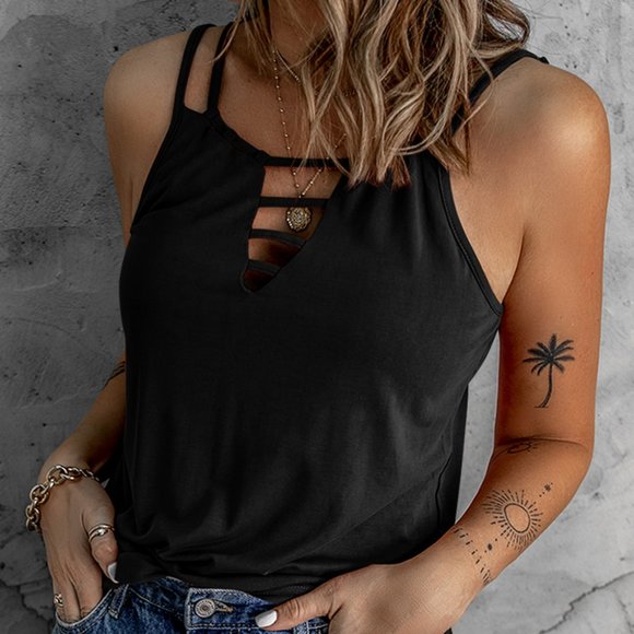 Dainty NYC Tops - Double Shoulder Strap Cutout Front Tank Top Black